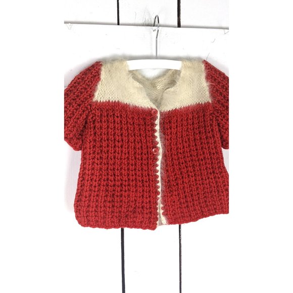 Baby girls red white holiday Christmas fuzzy mohair vintage chunky knit cardigan - Picture 2 of 5